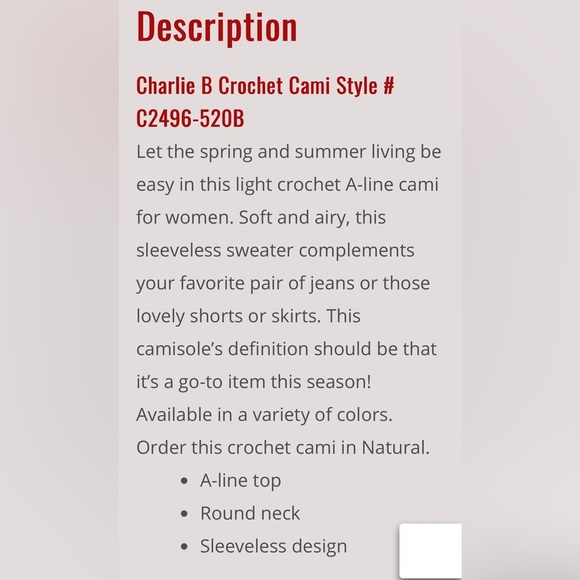 🌹CHARLIE B CROCHET NATURAL SLEEVELESS CAMI STYLE TANK - Picture 3 of 7